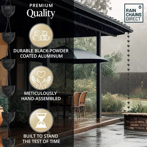 Miniatura 4 de Rain Chains Direct - Cadena de lluvia de tulipán - 8.5 pies - Aluminio recubierto de polvo negro - Cadenas de lluvia premium para canalones