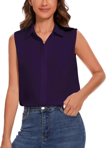 Miniatura 10 de YAMANMAN Camisa sin mangas con botones para mujer, blusa clásica con cuello redondo, camiseta básica de gasa para el trabajo y la oficina