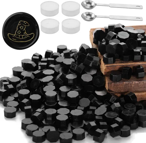 Yoption - Juego de 300 cuentas de cera octágona, con 2 cucharas de fusión y 4 velas para sobres de invitación de boda, envoltura de regalo (negro)