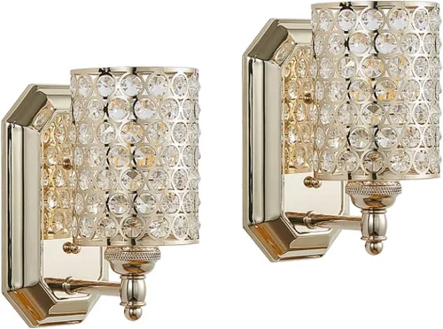 Paquete de 2 lámparas de pared de cristal con acabado champán, lámpara de pared de estilo conciso moderno, pantalla de cristal poliédrico para baño,