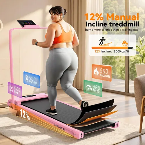 Miniatura 2 de ANCHEER Cinta de correr con inclinación del 12%/15%, almohadilla plegable con barra de asa, capacidad de 320-450 libras debajo del escritorio, Rosa