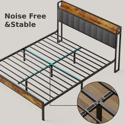 Miniatura 7 de Gizoon Base de cama Queen con cabecera y estribo para dormitorio, cama de plataforma de metal con almacenamiento debajo de la cama, soporte de metal