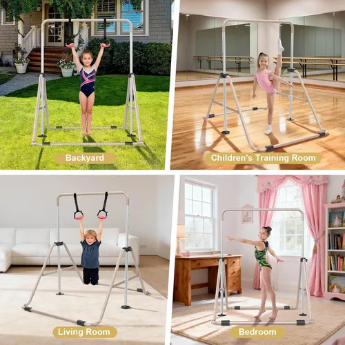 Miniatura 6 de SHIWEI Barra de gimnasia para niños, barra de gimnasia plegable con 5 alturas ajustables, equipo de entrenamiento expandible para interiores