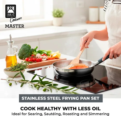 Miniatura 3 de BRA COOKWARE Master 2 - Juego de sartenes profesionales de 8 + 10.2 pulgadas, sartén de acero inoxidable, compatible con todas las estufas, sartén