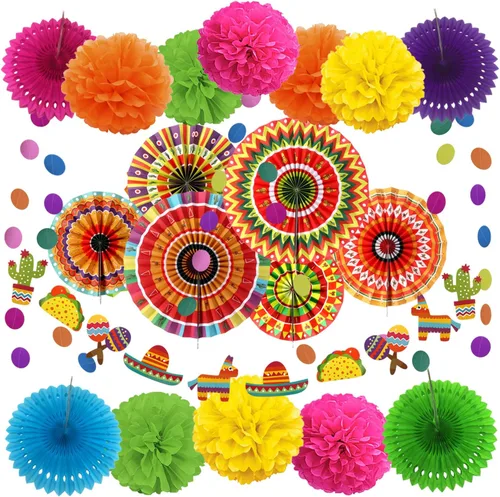 Miniatura 9 de Zerodeco - Decoración de fiesta, 21 piezas de abanicos de papel, pompones flores, tiras de cuerdas de lunares y banderines triangulares