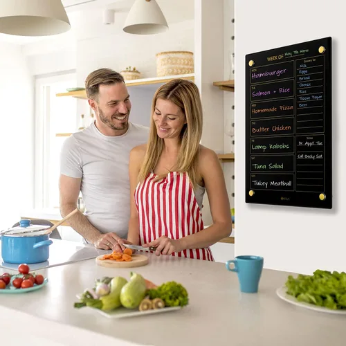 Miniatura 6 de Calendario semanal de borrado en seco dorado de cristal negro y pizarra blanca de menú para pared, planificación de comidas y lista de compras