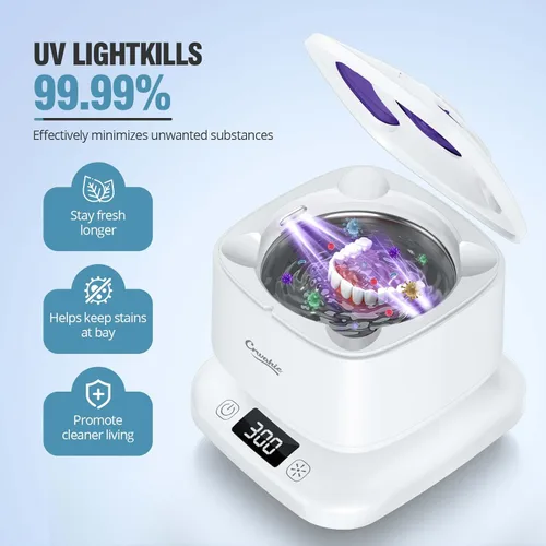 Miniatura 5 de Limpiador ultrasónico para retenedor, máquina limpiadora de retenedor desmontable de 45kHz con 3 modos, cápsula de limpieza dental con ventana Blanco