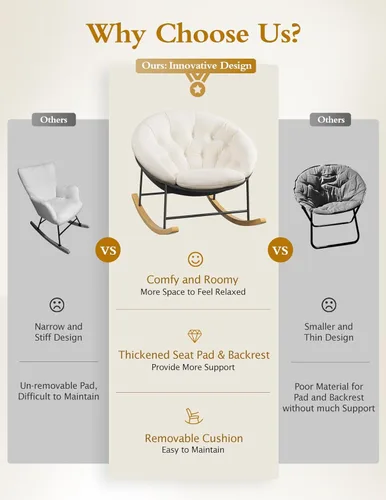 Miniatura 5 de Kidirect Mecedora para Guardería, Mecedoras Modernas Tapizadas para Guardería y Silla de Lectura Redonda con Cojín Removible, Cómoda Mecedora Crema