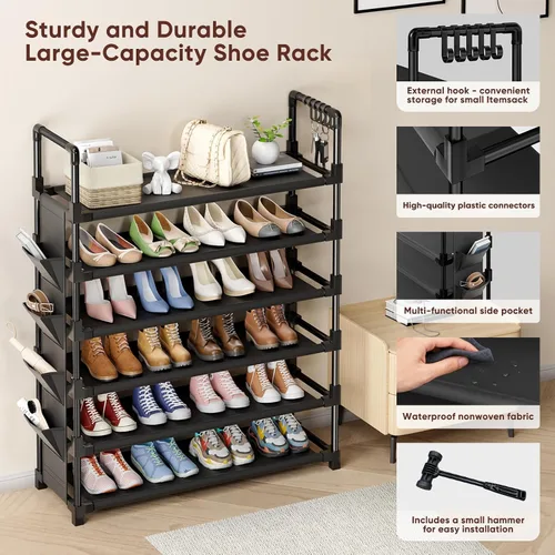 Miniatura 4 de Mavivegue Zapatero de 6 niveles para 25-30 pares de zapatos, zapatero de metal con gancho y bolsillo lateral para armario, entrada, pasillo