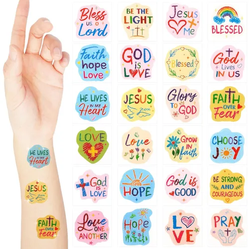 Miniatura 14 de Landhoow 240 piezas de tatuajes de Jesús te ama, tatuajes temporales con purpurina para la cara, calcomanías para el cuerpo, accesorio de disfraz