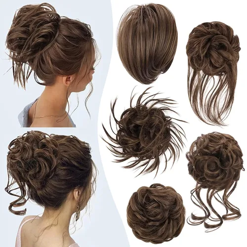Miniatura 10 de HMD 5 piezas de moño despeinado para mujer, extensión de cabello con banda de goma elástica, extensión de cabello largo y desordenado, accesorios