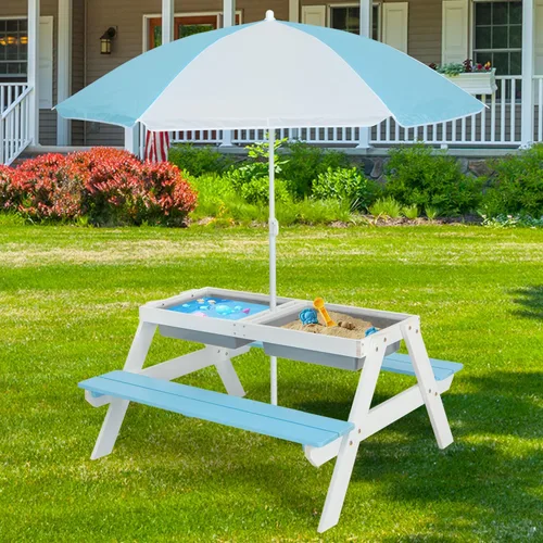 KOTEK Mesa de picnic para niños, mesa de arena y agua 3 en 1 con mesa desmontable, 2 cajas de juego extraíbles, paraguas plegable y ajustable en Azul