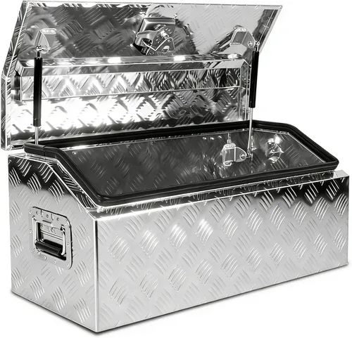 Miniatura 17 de Caja de herramientas de aluminio chapada en negro de 29 pulgadas, caja de herramientas impermeable con cerradura y llave para caravanas