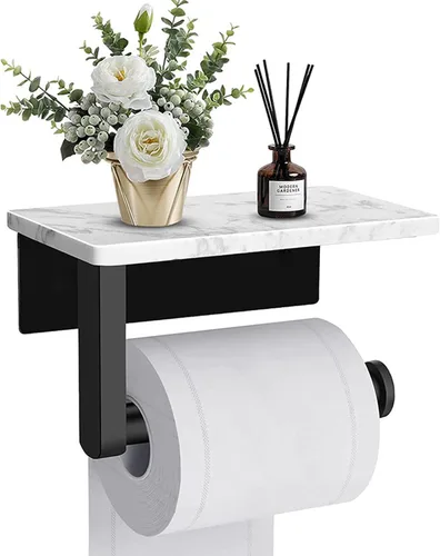 Soporte de papel higiénico negro con estante, soporte de papel higiénico de pared de mármol con tornillo de acero inoxidable 304, soporte moderno
