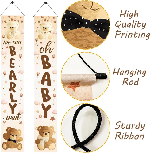 Miniatura 2 de Decoración de baby shower con texto en inglés «We Can Bearly Wait», 2 unidades, oso para baby shower, porche, letrero de revelación de género