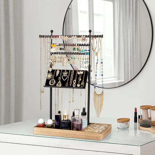 Miniatura 7 de SOLIMINTR Organizador de joyas, soporte de joyería con soporte de exhibición de collares, organizador de aretes de 3 niveles, bandeja base de madera