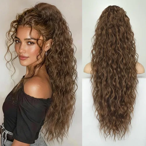 Miniatura 17 de KooKaStyle Extensión de cola de caballo con cordón de 26 pulgadas (66 cm) para mujeres, extensiones de cabello sintético rizado largo para uso