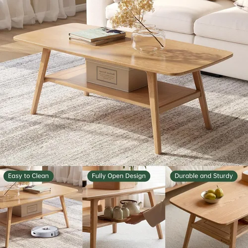 Miniatura 4 de Mesa de centro 100% de madera de roble macizo para sala de estar, mesas de centro pequeñas de 2 niveles con almacenamiento en estantes, mesa moderna