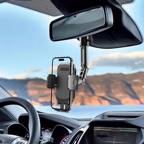 Miniatura 2 de Quyee Soporte para Teléfono de Coche, Soporte para Teléfono de Espejo Retrovisor - Montaje de Aleación de Aluminio con Ajuste Multi-Ángulo Giratorio