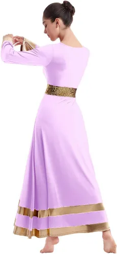 Miniatura 6 de IBAKOM Túnica de manga larga para mujer, vestido litúrgico de baile completo con cinturón de lentejuelas