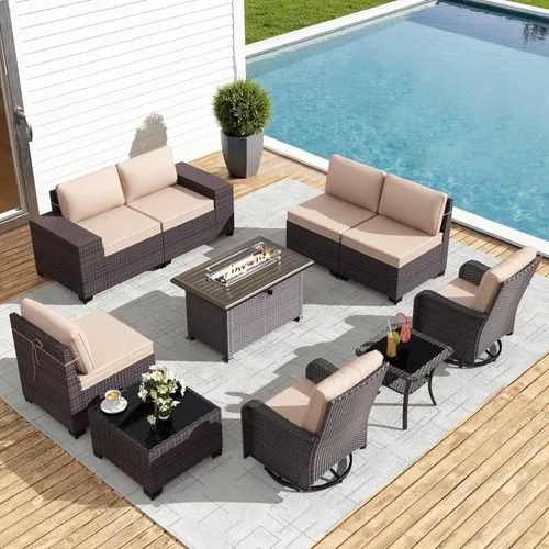 Miniatura 29 de Gotland Juego de muebles de patio de 8 piezas con mesa con fogón, muebles de ratán para exteriores para todo tipo de clima con respaldo alto de 2