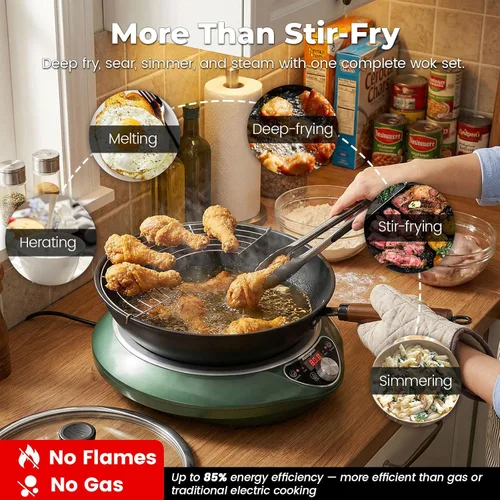Miniatura 6 de Placa de Inducción para Wok de 1700W con Wok de Acero al Carbono Nitrurado de 13.4", Fondo Redondo y Compatible con Sartén Plana, Juego de Wok