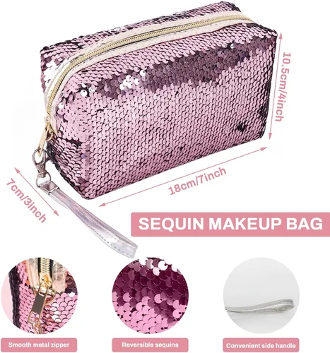 Miniatura 2 de Magic Sequin Travel Cosmetic Bags Reversible Glitter Maquillaje Organizador Bolsa Bolsa para Mujer (Rosa)
