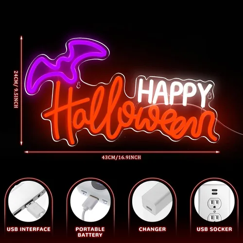 Miniatura 2 de Treela Letrero de neón de Halloween para decoración de pared, luces LED de neón para ventana, funciona con USB, murciélago iluminado para pared
