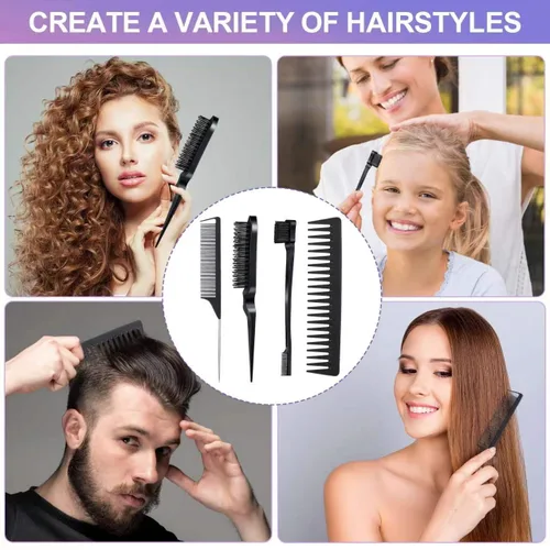 Miniatura 7 de Juego de 4 peines de pelo para peinar, cepillo de cerdas para el cabello, peine de cola de rata y peine de dientes anchos para mujeres, niñas y Negro