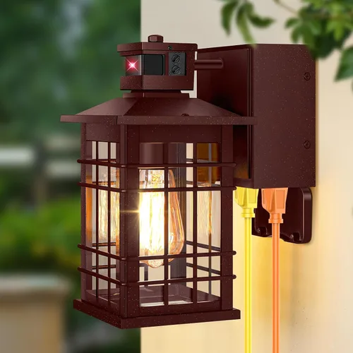 Miniatura 13 de Lámpara exterior con sensor de movimiento para montaje en pared, de bronce aceitado del anochecer al amanecer, impermeable, con base E26, linterna