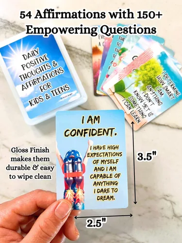 Miniatura 4 de Tarjetas de afirmación positiva para niños y adolescentes, 54 afirmaciones, más de 150 preguntas inspiradoras con caja de almacenamiento, inspira