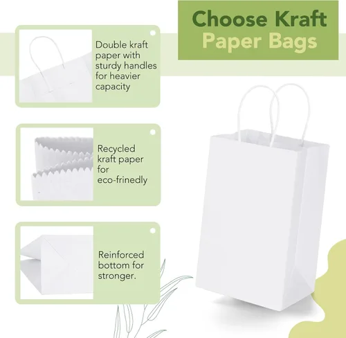 Miniatura 3 de MESHA Bolsas de papel de regalo de 5.25 x 3.75 x 8 pulgadas, pequeñas bolsas de papel blancas con asas a granel, 100 bolsas de papel kraft