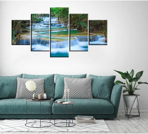 Miniatura 3 de SZ - Lienzo decorativo para pared en cascada para sala de estar, 5 piezas de impresiones de estanque relajante en bosque tropical