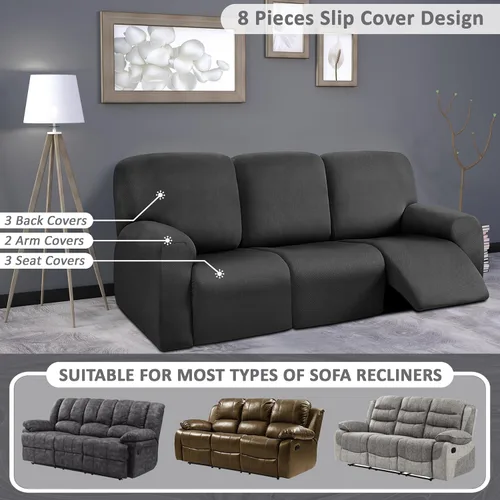 Miniatura 5 de ULTICOR Fundas para Sofá Reclinable de 8 Piezas, Fundas Elásticas de Hilo Teñido para Sofá Reclinable de 3 Cojines, Fundas Deslizables para Sofá