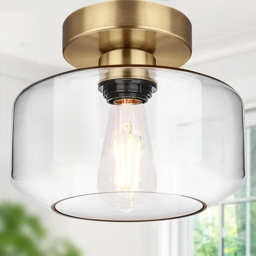 Miniatura 17 de Lámpara de techo industrial semiempotrada, bombilla LED de 800 lúmenes incluida, pantalla de vidrio texturizado, lámpara estilo granja para pasillo