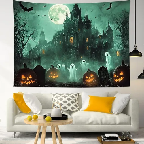 Miniatura 24 de HVEST Tapiz de Halloween de luna llena, lápida de cuervo negro, árbol muerto, tapiz para dormitorio, cementerio gris aterrador, bosque, decoración