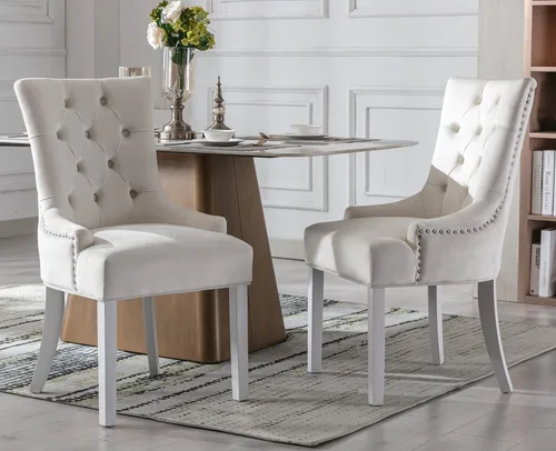 Miniatura 13 de Kmax Velevt - Juego de 2 sillas laterales tapizadas de mediados de siglo, modernas sillas decorativas con patas de madera blanca capitoné