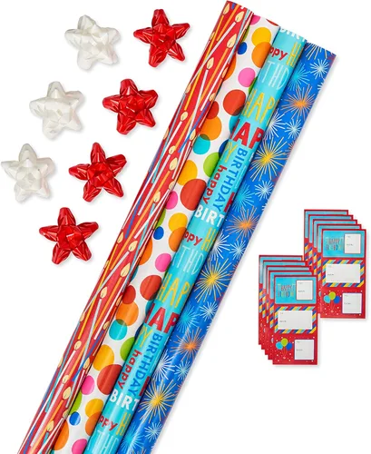 Miniatura 7 de American Greetings - Papel de regalo reversible de 175 pies cuadrados, para cumpleaños, letras de feliz cumpleaños y estrellas