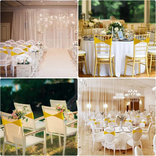 Miniatura 7 de Frienda 120 cintas elásticas de elastano para silla, bandas elásticas para fundas de silla, lazos sin hebilla para bodas, recepciones, eventos, Oro