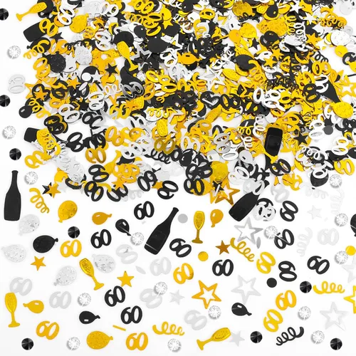 3000 piezas de confeti de feliz cumpleaños número 60, decoraciones de fiesta de color negro dorado plateado para pasteles, dispersión de mesa,