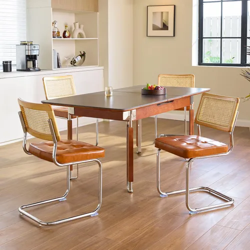 Miniatura 12 de GrandNoor Juego de 2 sillas de comedor de ratán negro con cromo, sillas de cocina de madera modernas de mediados de siglo, sillas de comedor