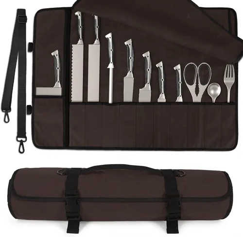 Miniatura 8 de lelezone Bolsa enrollable para cuchillos de chef, resistente al agua, funda de lona encerada para cuchillos, bolsas enrollables para chefs
