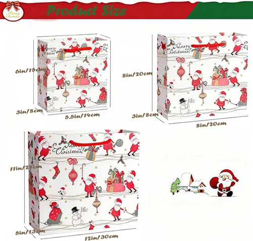 Miniatura 8 de SHIPKEY Paquete de 12 bolsas de regalo de Navidad, bolsas de papel navideñas de Papá Noel en 3 tamaños surtidos con papel de seda, bolsas Tamaños