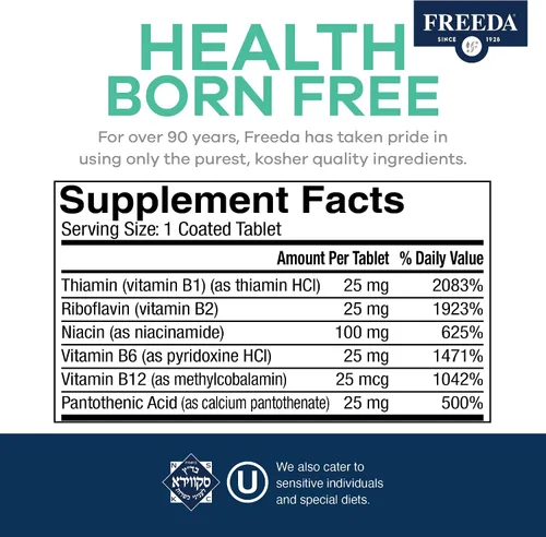 Miniatura 3 de Freeda Complejo de vitamina B, sin fólico, sin PABA, suplemento vitamínico kosher complejo súper B con vitamina B1, vitamina B2, vitamina B3