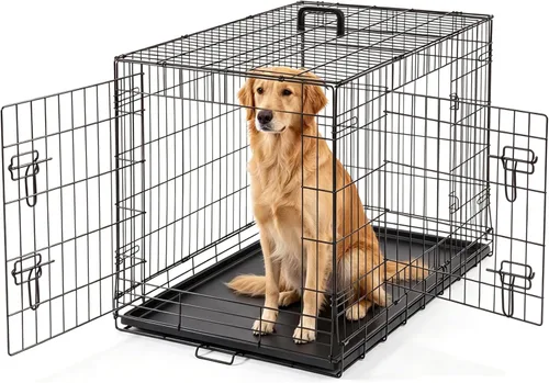 DUMOS Jaula para perros, jaula mediana de doble puerta de 36 pulgadas con bandeja de plástico a prueba de fugas, asa, perrera plegable de alambre de