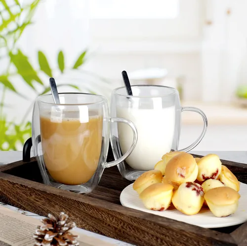 Miniatura 2 de LIBWYS Paquete de 6 Tazas de Café de Vidrio de Doble Pared, Tazas de 12oz para Espresso Cappuccino Latte Té con Asa, Vasos Transparentes