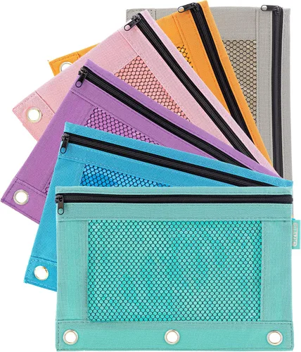 Miniatura 8 de BAZIC PRODUCTS Estuche para lápices de 3 anillos con agujeros de anillos reforzados con remaches, bolsa de malla de color pastel con cremallera