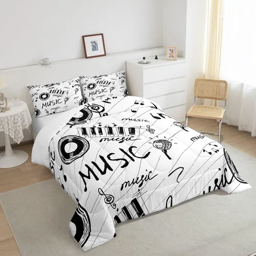 Miniatura 4 de Juego de edredón con temática musical, edredón de notas musicales en blanco y negro para niños y niñas, juego de ropa de cama musical