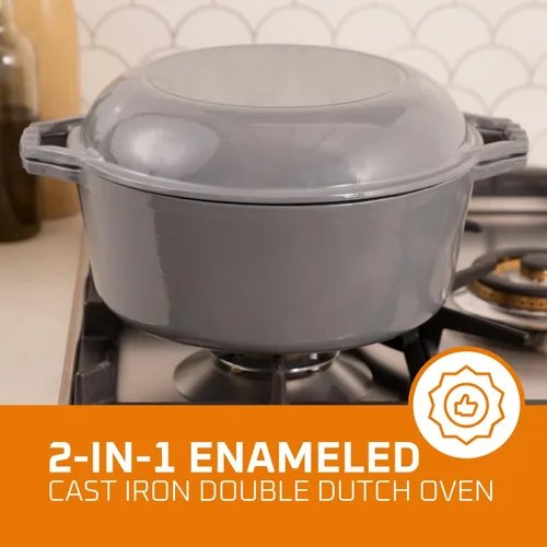 Miniatura 2 de Bruntmor Horno Holandés de Hierro Fundido Esmaltado 2 en 1 con Asas - Olla de Barro Gris Olla de Hierro Fundido con Tapa de Sartén - Utensilios