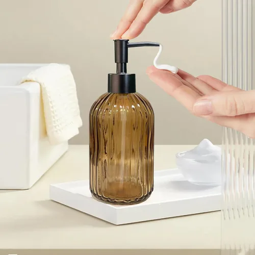 Miniatura 4 de 14Oz Black Pump Glass Soap Dispenser, Brown Stripe Countertop Refillable Liquid Bottle Hand Dish Lotion Dispenser with Plastic Pump, for Kitchen